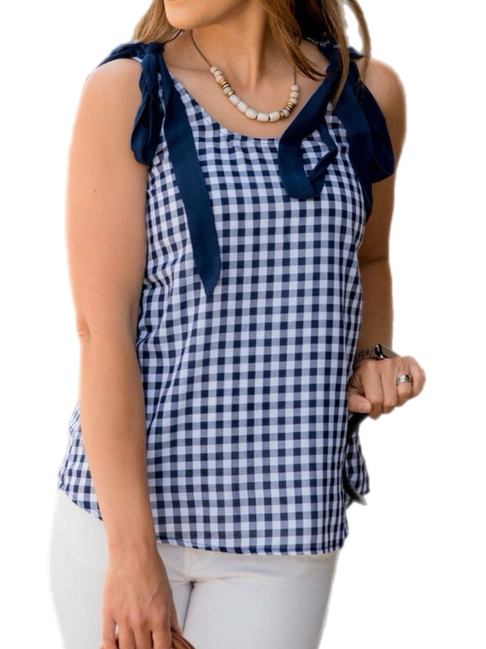 Gingham Tie Accent‎ Tank Navy